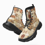 PU Leather Chunky Boots Wooden Puzzle Pieces