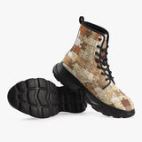 PU Leather Chunky Boots Wooden Puzzle Pieces