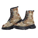 PU Leather Chunky Boots Wooden Puzzle Pieces
