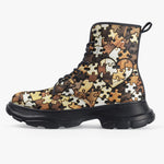 PU Leather Chunky Boots Heart Shaped Wooden Puzzle