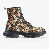 PU Leather Chunky Boots Heart Shaped Wooden Puzzle