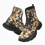 PU Leather Chunky Boots Heart Shaped Wooden Puzzle
