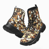 PU Leather Chunky Boots Heart Shaped Wooden Puzzle