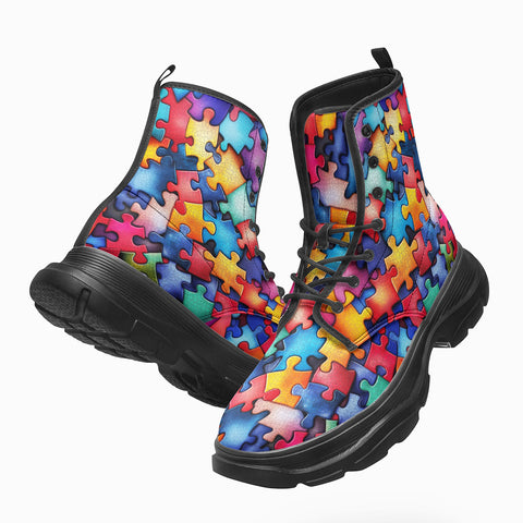 PU Leather Chunky Boots Vibrant Colorful Puzzle