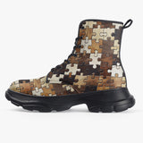 PU Leather Chunky Boots Wooden Puzzle Print