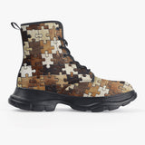 PU Leather Chunky Boots Wooden Puzzle Print
