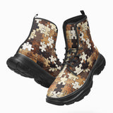 PU Leather Chunky Boots Wooden Puzzle Print