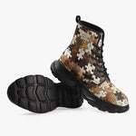 PU Leather Chunky Boots Wooden Puzzle Print