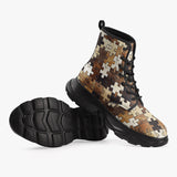 PU Leather Chunky Boots Wooden Puzzle Print