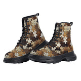 PU Leather Chunky Boots Wooden Puzzle Print