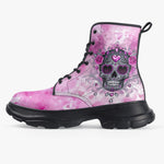PU Leather Chunky Boots Pink and Silver Skull with Roses