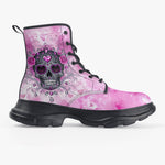 PU Leather Chunky Boots Pink and Silver Skull with Roses
