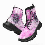 PU Leather Chunky Boots Pink and Silver Skull with Roses