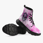PU Leather Chunky Boots Pink and Silver Skull with Roses
