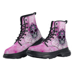 PU Leather Chunky Boots Pink and Silver Skull with Roses