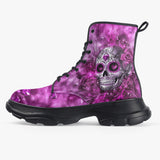 PU Leather Chunky Boots Skull with Pink Swirls Hearts Roses