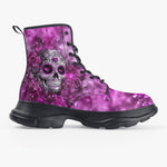 PU Leather Chunky Boots Skull with Pink Swirls Hearts Roses