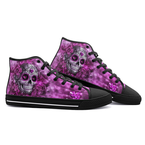 High-Top Canvas Shoes Skull with Pink Swirls Hearts Roses