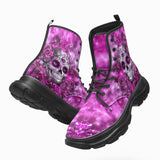 PU Leather Chunky Boots Skull with Pink Swirls Hearts Roses