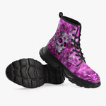 PU Leather Chunky Boots Skull with Pink Swirls Hearts Roses