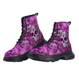 PU Leather Chunky Boots Skull with Pink Swirls Hearts Roses