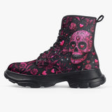 PU Leather Chunky Boots Pink Skull Roses and Hearts