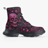 PU Leather Chunky Boots Pink Skull Roses and Hearts