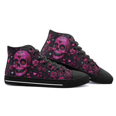 High-Top Canvas Shoes Pink Skull Roses and Hearts