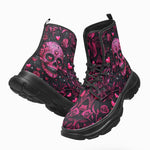 PU Leather Chunky Boots Pink Skull Roses and Hearts