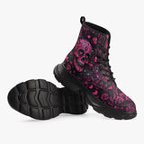 PU Leather Chunky Boots Pink Skull Roses and Hearts