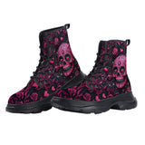 PU Leather Chunky Boots Pink Skull Roses and Hearts