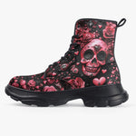 PU Leather Chunky Boots Pink Skull Roses Hearts