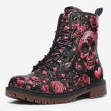 Leather Boots Pink Skull Roses Hearts