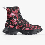 PU Leather Chunky Boots Pink Skull Roses Hearts
