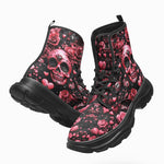 PU Leather Chunky Boots Pink Skull Roses Hearts