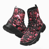 PU Leather Chunky Boots Pink Skull Roses Hearts