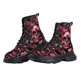 PU Leather Chunky Boots Pink Skull Roses Hearts