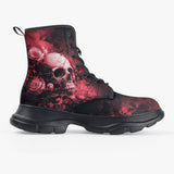 PU Leather Chunky Boots Dark Fantasy Art of Skull and Roses