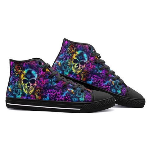 High-Top Canvas Shoes Neon Glowing Skulls and Mystical Elements