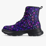 PU Leather Chunky Boots Neon Blue Cartoon Skulls and Doodles