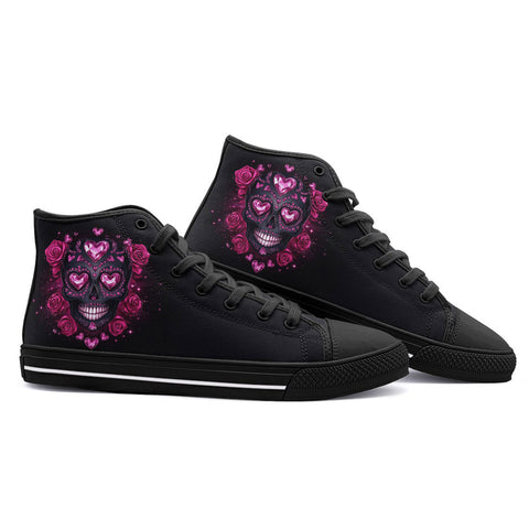 High-Top Canvas Shoes Pink Skull with Heart-Shaped Diamonds