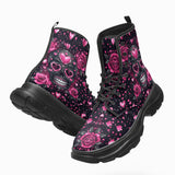 PU Leather Chunky Boots Pink Skull with Heart-Shaped Diamonds