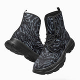 PU Leather Chunky Boots Dark Gray Animal Fur Texture