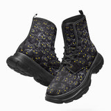 PU Leather Chunky Boots Black Cats with Yellow Eyes