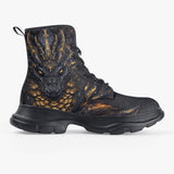 PU Leather Chunky Boots Black and Gold Dragon with Scales