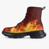 PU Leather Chunky Boots Fiery Flames Pattern