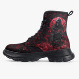 PU Leather Chunky Boots Grim Reaper with Red Roses