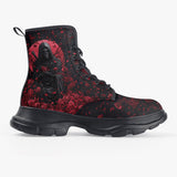 PU Leather Chunky Boots Grim Reaper with Red Roses