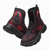 PU Leather Chunky Boots Grim Reaper with Red Roses