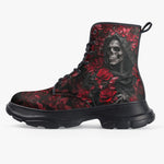 PU Leather Chunky Boots Grim Reaper Surrounded by Red Roses